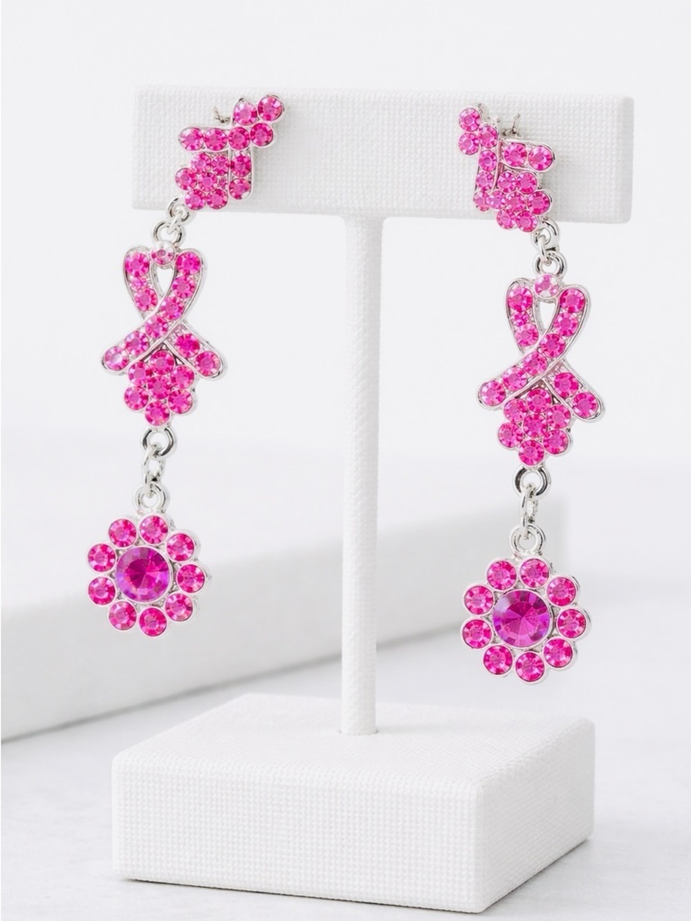 Pink Rhinestone Ribbon Dangle Earrings Silver Tone Sparkle Drop